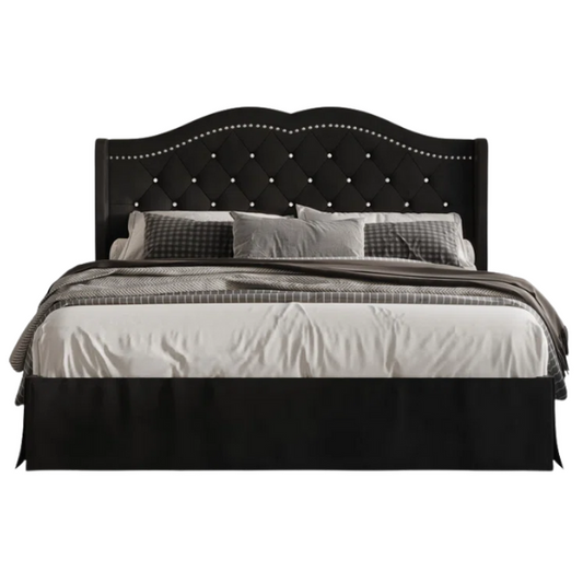 Luxurious King Size Upholstered Wingback Platform Bed with Velvet Fabric, Foam-Padded Camelback Headboard, Diamond Tufting, Nailhead Trim, and Included Bed Skirt for Hidden Storage