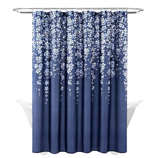 Navy Blue, Grey, and White Weeping Flower Shower Curtain – Elegant Floral Bathroom Décor, 72" x 72"