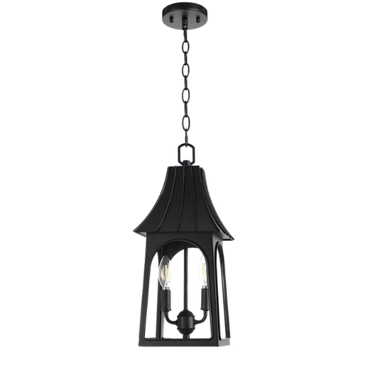 2-Light Black Outdoor Hanging Lantern Fixture with Clear Glass Shade – Modern Industrial Design for Porch, Patio, and Entryway