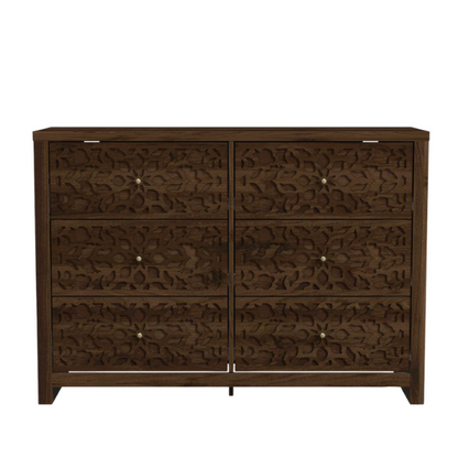 Boho-Inspired 45.4" 6-Drawer Dresser with Distressed Finish and Openwork Floral Details