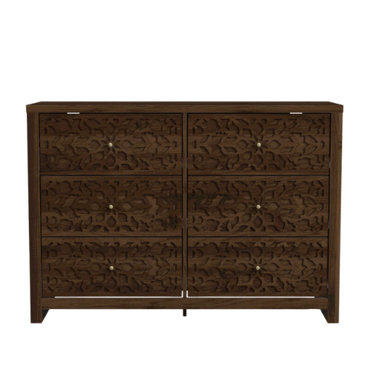 Boho-Inspired 45.4" 6-Drawer Dresser with Distressed Finish and Openwork Floral Details