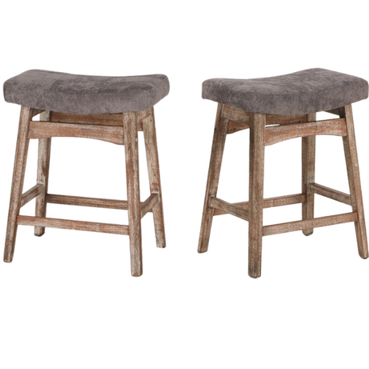 24-Inch Solid Wood Barstools with Linen/PU Leather Fabric Cushion – Set of 2 Backless Saddle Seat Counter Stools for Modern Living