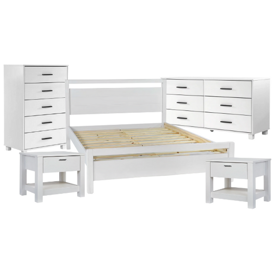 Rustic White King 5-Piece Solid Wood Bedroom Set – Bed, 2 Nightstands, 6-Drawer Dresser, and 5-Drawer Chest
