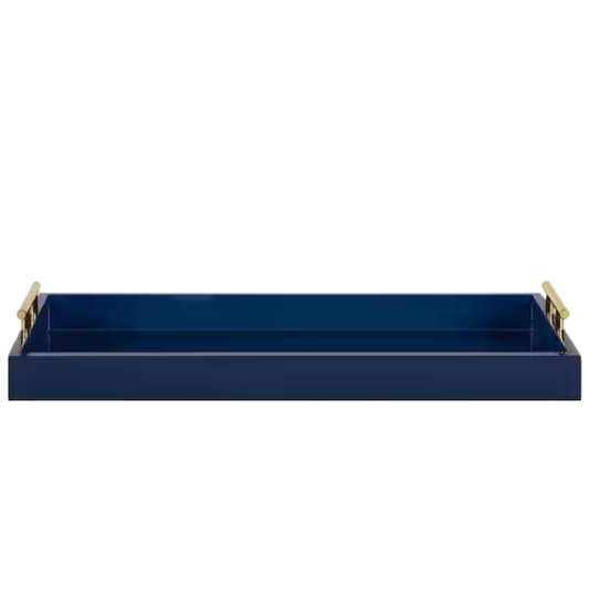 Sleek and Sophisticated Long Rectangular Serving Tray – High Gloss Wood with Polished Metal Handles, Perfect for Entryway, Vanity, or Coffee Table