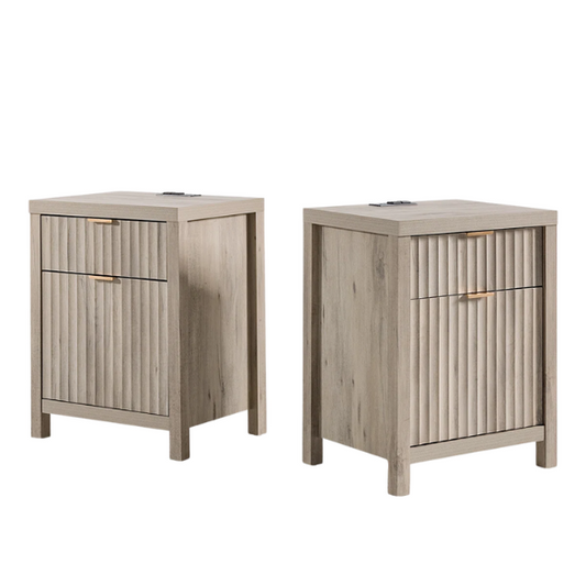 2-Drawer Nightstand with Built-In Outlets – Fluted Panels, Wood Grain Finish, Modern Design, Charging Station with 2 AC Outlets, USB & USB-C Ports, 4.9-Foot Power Cord, Set of 2