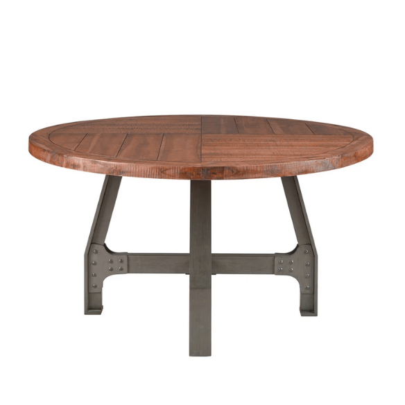 Round Dining/Gathering Table - Amber & Graphite, Solid Wood Planks with Industrial-Inspired Design, Adjustable Height for Family Gatherings