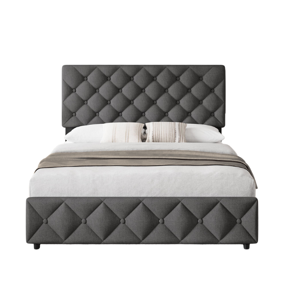 Soft Linen Fabric Upholstered Platform Bed – Double Size with Four Built-In Storage Drawers for Space-Saving & Style