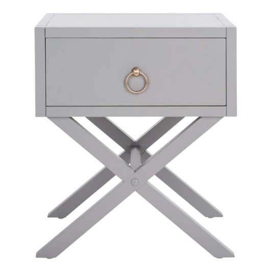 1-Drawer Nightstand – Classic Campaign Style with Contemporary Chic, Acacia Wood Frame, Cross-Base Design, Bold Finish, Gold Drawer Pull, Perfect for Modern Bedrooms