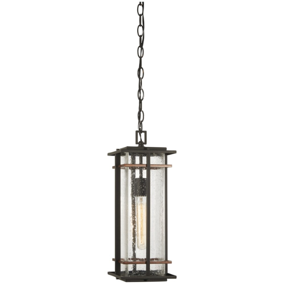 Coal & Seeded Glass 1-Light Outdoor Chain-Hung Lantern – Modern Mission Style with Clear Seeded Glass and Black Frame with Antique Copper Accents