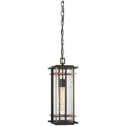 Coal & Seeded Glass 1-Light Outdoor Chain-Hung Lantern – Modern Mission Style with Clear Seeded Glass and Black Frame with Antique Copper Accents
