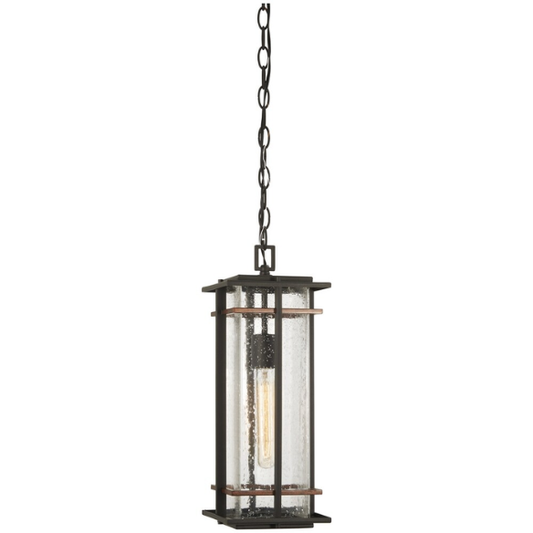 Coal & Seeded Glass 1-Light Outdoor Chain-Hung Lantern – Modern Mission Style with Clear Seeded Glass and Black Frame with Antique Copper Accents