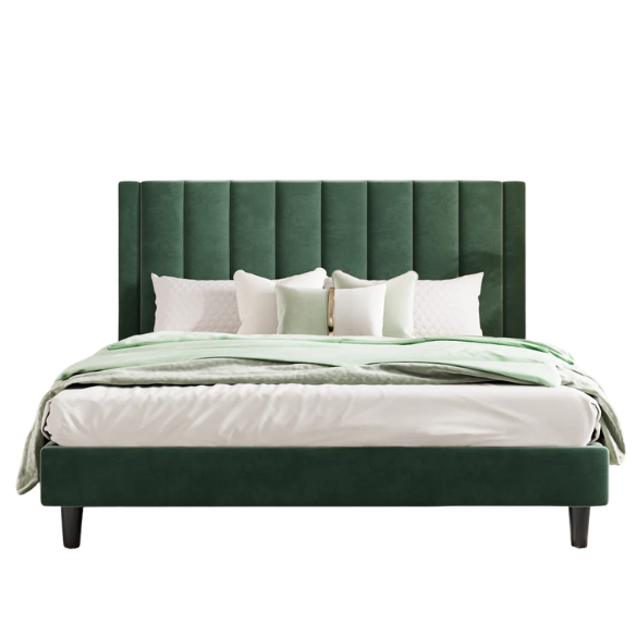 Luxurious Upholstered Platform Bed – Full/Double Size with Velvet Upholstery and Striped Headboard for Elegant Comfort