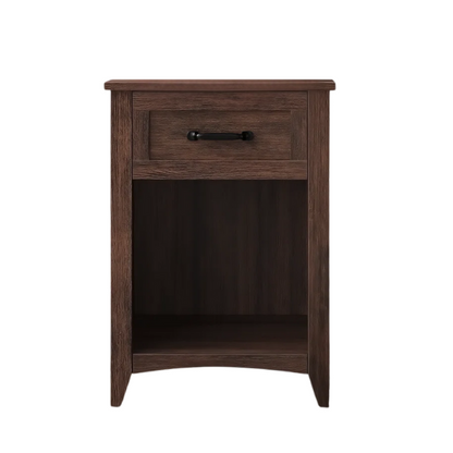 Farmhouse-Style Nightstand with Built-In Charging Station – Engineered Wood, Spacious Top, Drawer & Open Compartment, Matte Black Metal Handle, USB-A & USB-C Ports, AC Outlets, Ideal for Bedroom or Living Room
