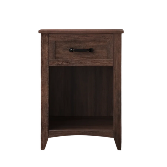 Farmhouse-Style Nightstand with Built-In Charging Station – Engineered Wood, Spacious Top, Drawer & Open Compartment, Matte Black Metal Handle, USB-A & USB-C Ports, AC Outlets, Ideal for Bedroom or Living Room