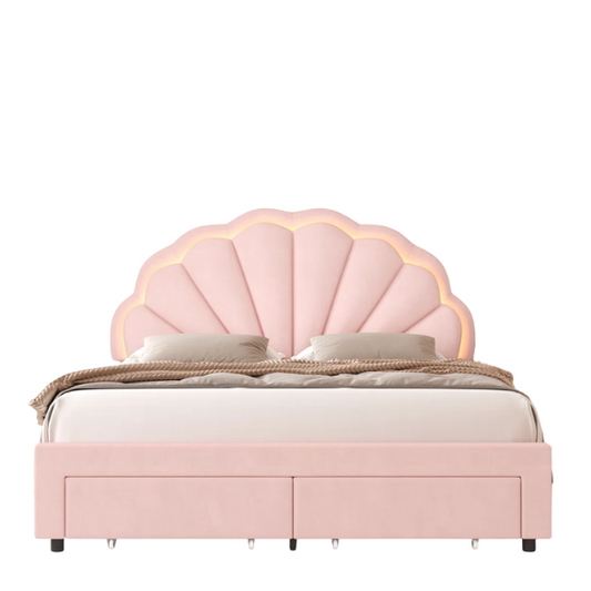 Floral-Inspired Queen Size Upholstered LED Bed Frame with Luxury Velvet, Drawer, and Adjustable Headboard