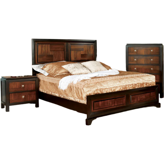Rustic Walnut and Acacia 3-Piece Bedroom Set with Panel Bed, Chest, and Nightstand
