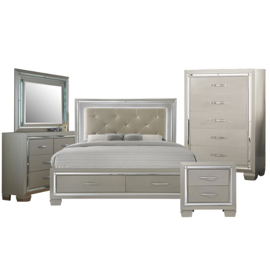 Elegant Glamour: 5-Piece Bedroom Set with Lustrous Platinum Dresser, Crystal and Chrome Handles – A Stunning, Star-Quality Collection to Elevate Your Bedroom Décor