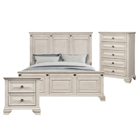 Solid Wood Panel 3-Piece Bedroom Set – Renova Distressed Parchment Wood Panel Bed with Vintage Black Finish, Muted Silver Accents, Fluted Pilasters, and French Bracket Foot Bases – Timeless Traditional Style with Raised Beveled Drawer Fronts