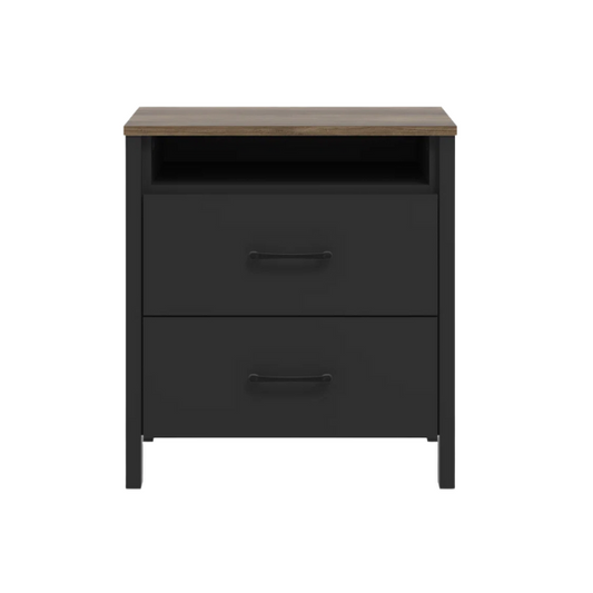 22.7" 2-Drawer Nightstand – Space-Saving Modern Minimalism, Engineered Wood with Clean-Lined Silhouette, Neutral Finish, Open Cubby & 2 Spacious Drawers for Bedroom Storage, Ideal for Tech & Accessories