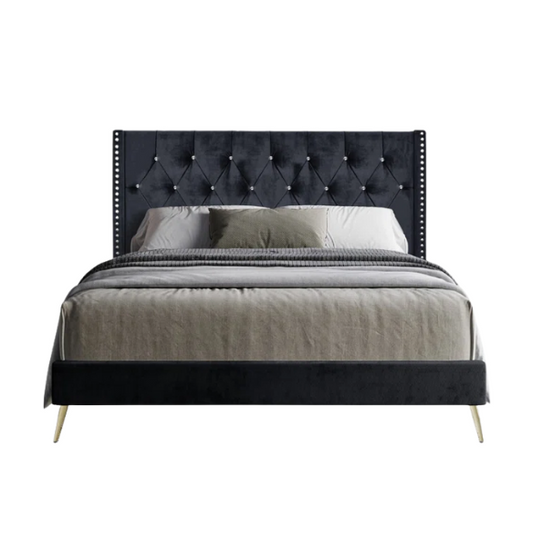 Luxurious King Size Upholstered Wingback Bed with Velvet Upholstery – Elegant Diamond Tufting, Nailhead Trim, Gold-Finished Feet, and Foam-Padded Headboard for Ultimate Comfort and Style