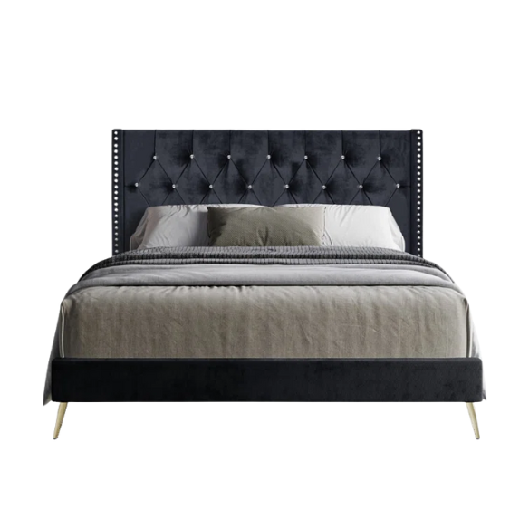 Luxurious King Size Upholstered Wingback Bed with Velvet Upholstery – Elegant Diamond Tufting, Nailhead Trim, Gold-Finished Feet, and Foam-Padded Headboard for Ultimate Comfort and Style
