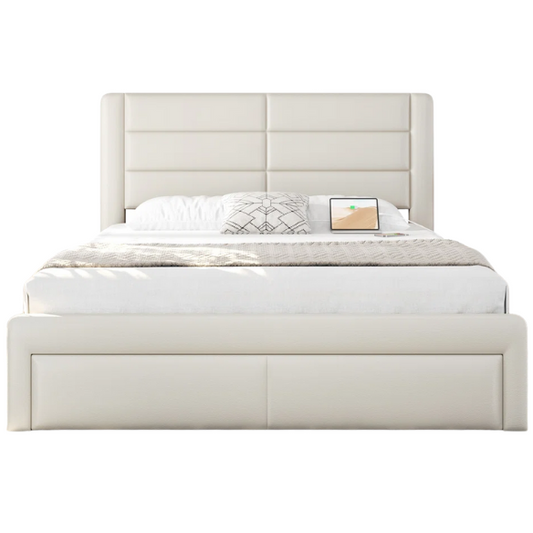 King Size Vegan Leather Metal Platform Storage Bed with 3 Drawers, Tufted Headboard, and Built-In USB Ports – Modern Design for Ultimate Comfort and Convenience