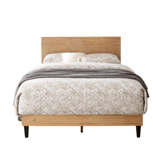 Mid-Century Modern King Size Solid Wood Platform Bed with Adjustable Height Headboard – Stylish Streamlined Design for a Contemporary Bedroom Look
