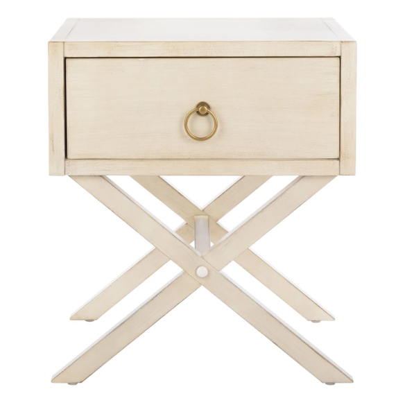 1-Drawer Nightstand – Classic Campaign Style with Contemporary Chic, Acacia Wood Frame, Cross-Base Design, Bold Finish, Gold Drawer Pull, Perfect for Modern Bedrooms