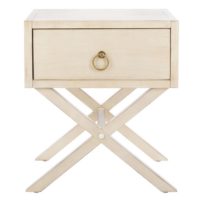 1-Drawer Nightstand – Classic Campaign Style with Contemporary Chic, Acacia Wood Frame, Cross-Base Design, Bold Finish, Gold Drawer Pull, Perfect for Modern Bedrooms