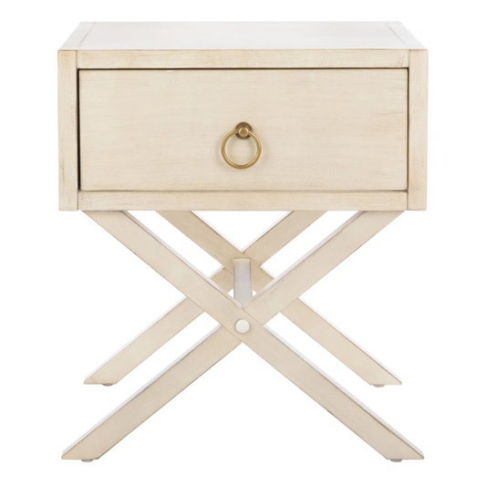 1-Drawer Nightstand – Classic Campaign Style with Contemporary Chic, Acacia Wood Frame, Cross-Base Design, Bold Finish, Gold Drawer Pull, Perfect for Modern Bedrooms