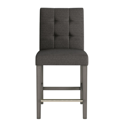 Upholstered 25" Counter Height Bar Stool – Modern Farmhouse Design with Tufted Back, Foam Padded Seat, Washed Grey Solid Wood Legs, and Durable Steel Footrest