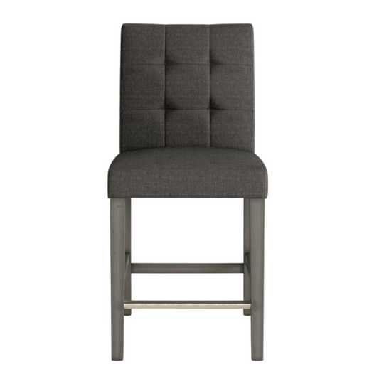 Upholstered 25" Counter Height Bar Stool – Modern Farmhouse Design with Tufted Back, Foam Padded Seat, Washed Grey Solid Wood Legs, and Durable Steel Footrest