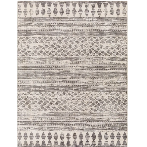 Southwestern-Inspired Geometric Rug – Dark Grey Diamond, Chevron & Dot Patterns on Off-White, Stain-Resistant, Perfect for High-Traffic Areas