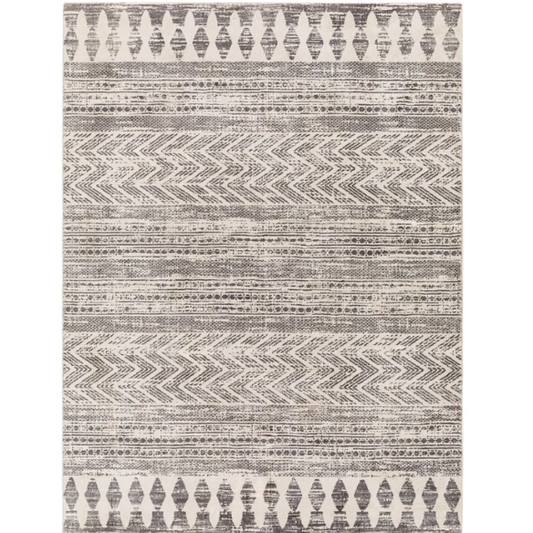 Southwestern-Inspired Geometric Rug – Dark Grey Diamond, Chevron & Dot Patterns on Off-White, Stain-Resistant, Perfect for High-Traffic Areas