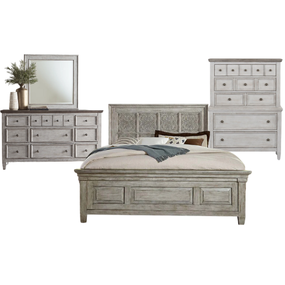 Transform Your Farmhouse Bedroom with the Queen Panel Bed, Dresser, Mirror, and Chest Set – Featuring Rustic Charm and Elegant Storage
