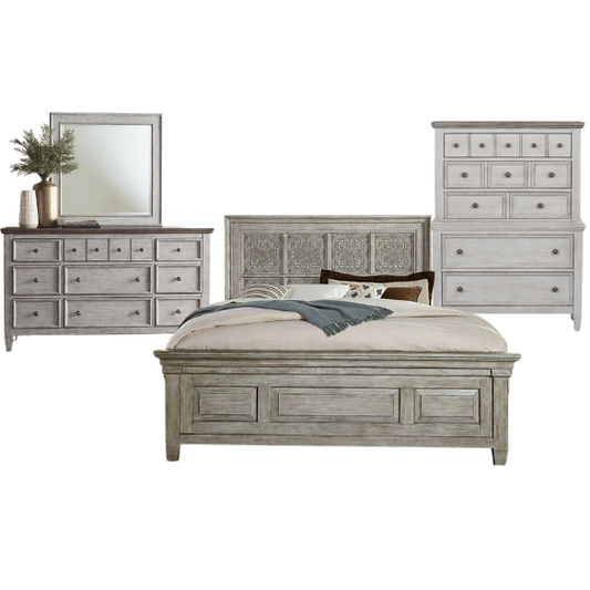 Transform Your Farmhouse Bedroom with the Queen Panel Bed, Dresser, Mirror, and Chest Set – Featuring Rustic Charm and Elegant Storage