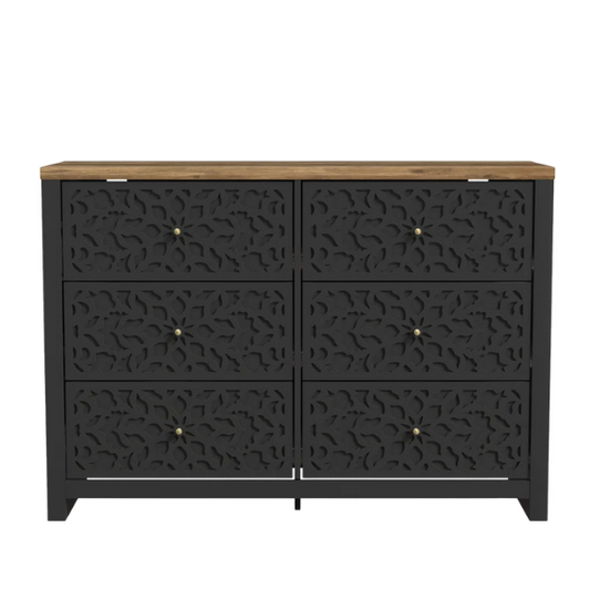 Boho-Inspired 45.4" 6-Drawer Dresser with Distressed Finish and Openwork Floral Details