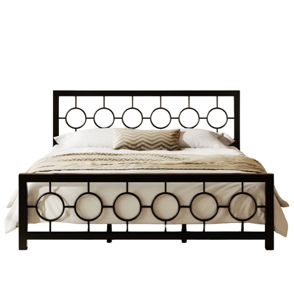 Modern King Size Metal Open-Frame Platform Bed with Art Deco-Inspired Circle Medallion Details – Sleek, Clean-Lined Design with Sturdy Metal Frame and Minimalist Aesthetic