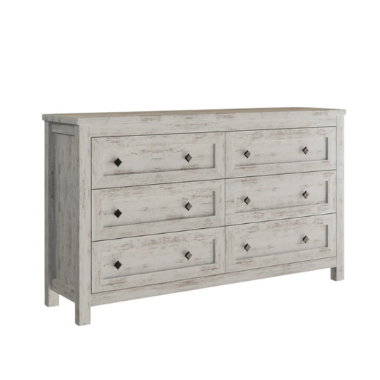 6-Drawer Dresser – A Perfect Blend of Rustic Charm and Industrial Elegance, Featuring a Clean-Lined Silhouette and Weathered Finish. Crafted from Solid and Engineered Wood