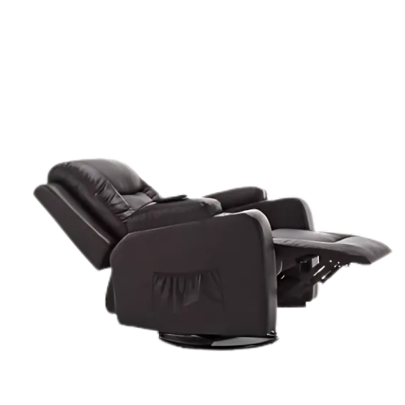Mocha Brown Massage Recliner with Heat, Vibration, and Swivel – Comfort and Style. Features 8 vibrating motors, 5 massage modes, heating function for waist relief, manual reclining, and rocking. Includes remote control, cup holders, and side pocket for convenience. Ideal for relaxation in living rooms and bedrooms.