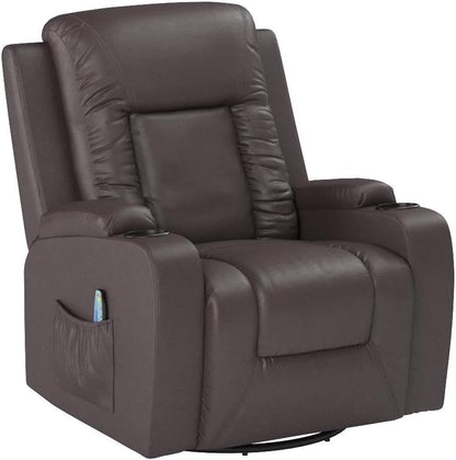 Mocha Brown Massage Recliner with Heat, Vibration, and Swivel – Comfort and Style. Features 8 vibrating motors, 5 massage modes, heating function for waist relief, manual reclining, and rocking. Includes remote control, cup holders, and side pocket for convenience. Ideal for relaxation in living rooms and bedrooms.