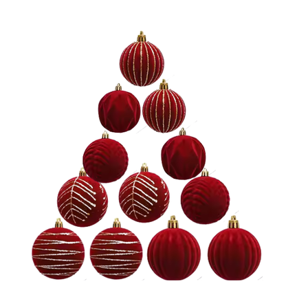 Red & Gold Velvet-Flocked Christmas Ornaments – Luxurious Shatterproof Holiday Set (12 Pieces)