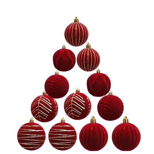 Red & Gold Velvet-Flocked Christmas Ornaments – Luxurious Shatterproof Holiday Set (12 Pieces)