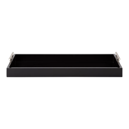 Sleek and Sophisticated Long Rectangular Serving Tray – High Gloss Wood with Polished Metal Handles, Perfect for Entryway, Vanity, or Coffee Table