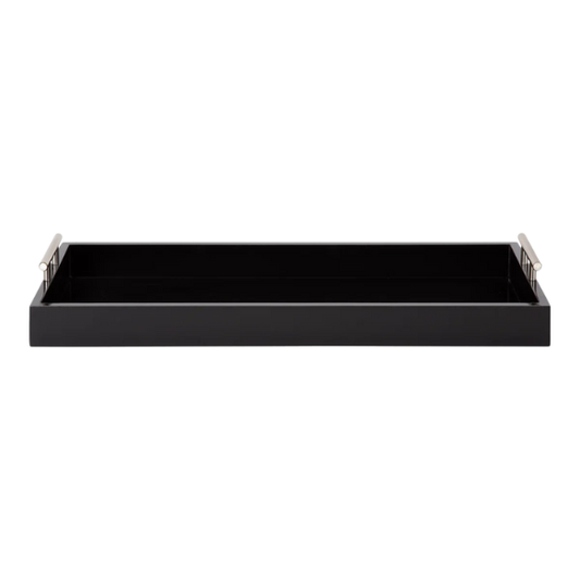 Sleek and Sophisticated Long Rectangular Serving Tray – High Gloss Wood with Polished Metal Handles, Perfect for Entryway, Vanity, or Coffee Table