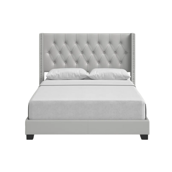 King Size Upholstered Low-Profile Bed with Wingback Headboard, Button Tufting, and Nailhead Trim – Glamorous, Traditional Design with Flared Legs