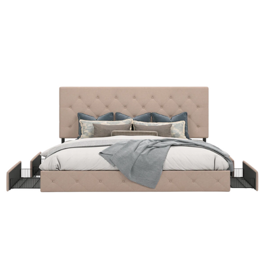 Queen Size Upholstered Platform Storage Bed with Tufted Button Accent Design