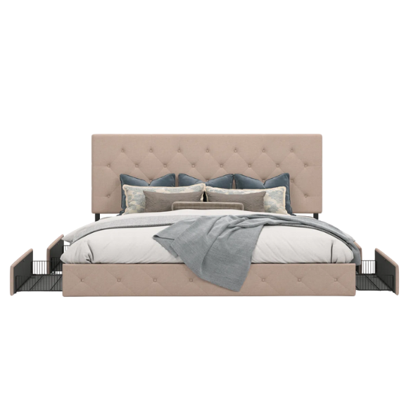 Queen Size Upholstered Platform Storage Bed with Tufted Button Accent Design