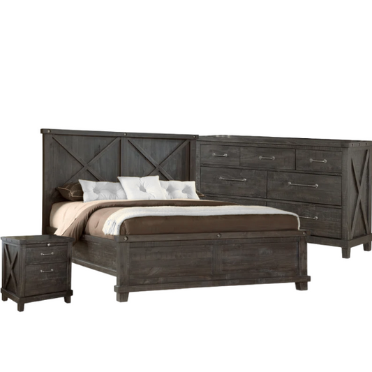 Industrial-Inspired Wood Standard Configurable Bedroom Set: Crafted from Solid Acacia and Pine with Hand-Hewn Planks, Metal Hook-On Side Rails, and Cross Slat Support System for Ultimate Durability and Unique Patina Finish