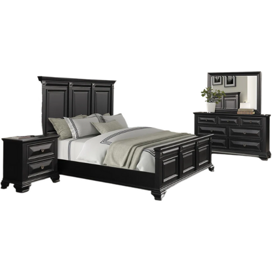 4-Piece Vintage Black Wood Panel Bedroom Set with Distressed Parchment Finish – Traditional Elegance with Silver Accents, Beveled Drawer Fronts, and Brass Rosette Knob Hardware